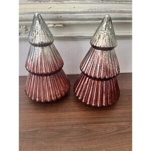 Mercury Glass Light Up Christmas Trees Set of 2 Battery Operated Gradient Red